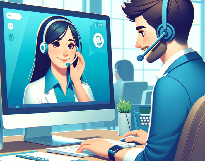 DALL·E 2024-01-19 12.37.16 - A 4K resolution image depicting an animated scene of a support agent solving a problem with a client. The support agent is wearing a headset and worki